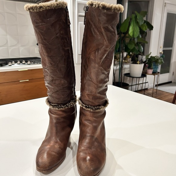 Henry Cuir Shoes - Henri Cuir Long Boots Rare Brown Leather Side Zip Fur Trim Wedge Heel Size 7 38